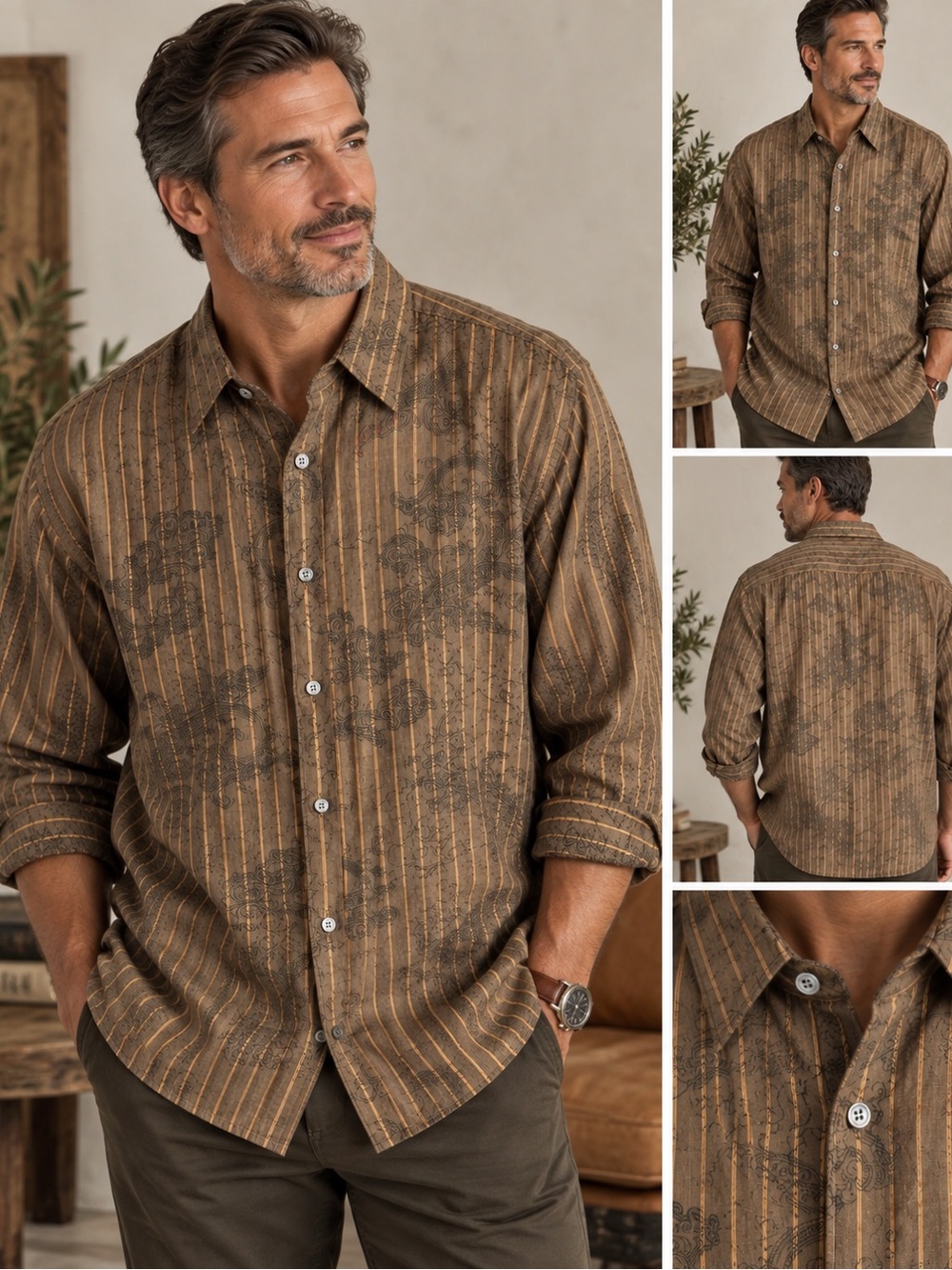 Saltaire XXL Tencel Linen Paisley Stripe Button Up Shirt